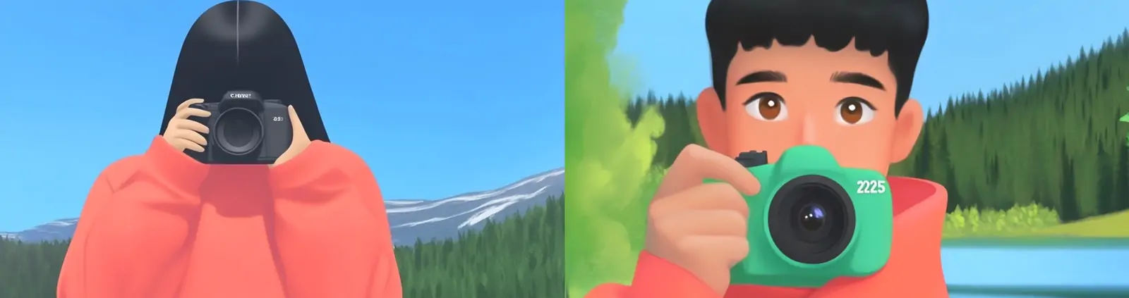 手绘年轻男孩女孩自然湖泊山脉场景照相机摄影插图海报midjourney关键词咒语