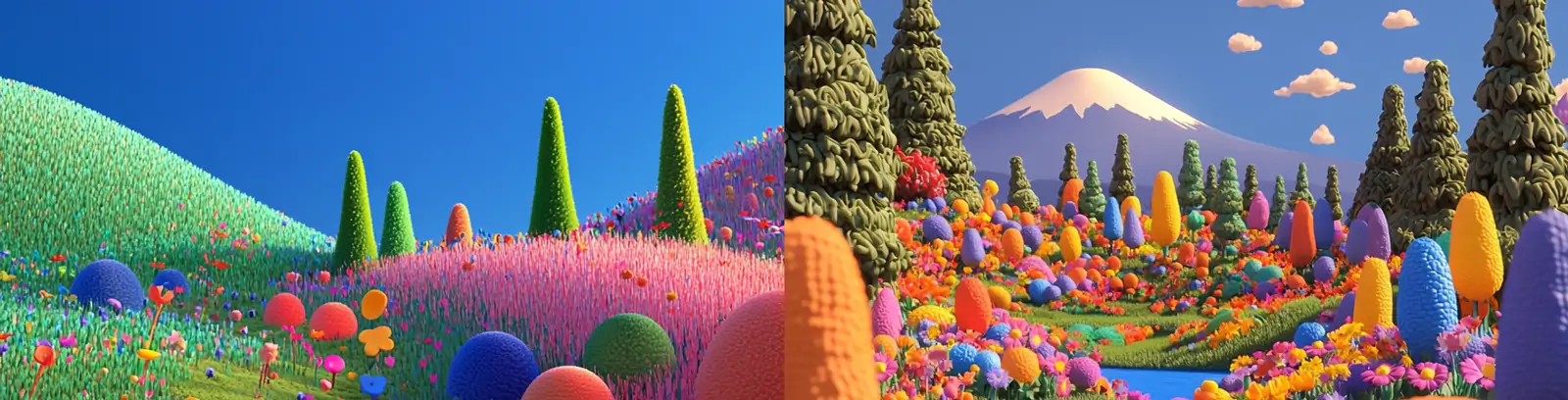 3D立体彩色自然鲜花植物湖泊山脉场景插图海报midjourney关键词咒语