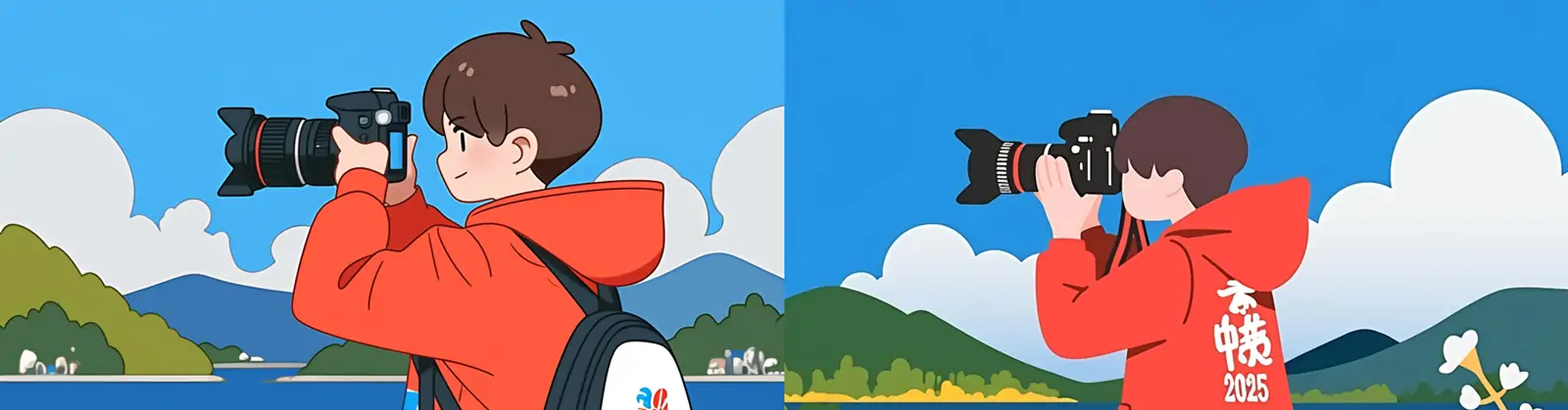 手绘卡通年轻男孩旅游度假照相机自然山水摄影场景插图海报midjourney风格种子关键词咒语