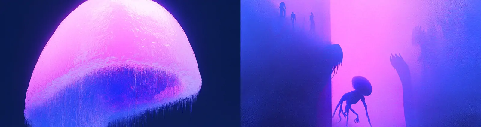 创意紫色异性降临动画外星卡通怪兽幽灵场景插图海报midjourney风格种子关键词咒语