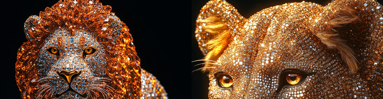 金色透明水晶钻石动物狮子逼真立体模型midjourney关键词咒语