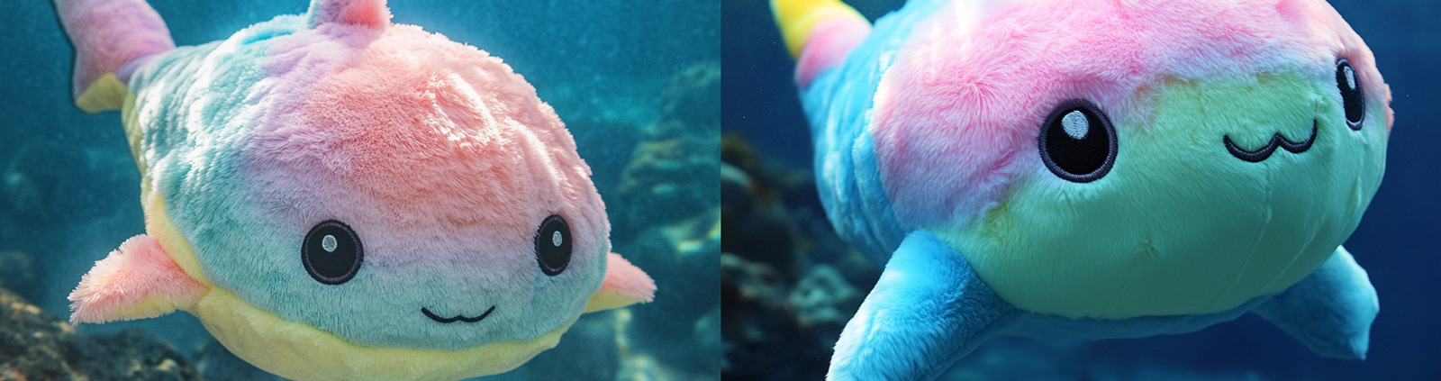 彩虹色可爱长毛绒鲨鱼玩具海洋游泳场景摄影海报midjourney关键词咒语