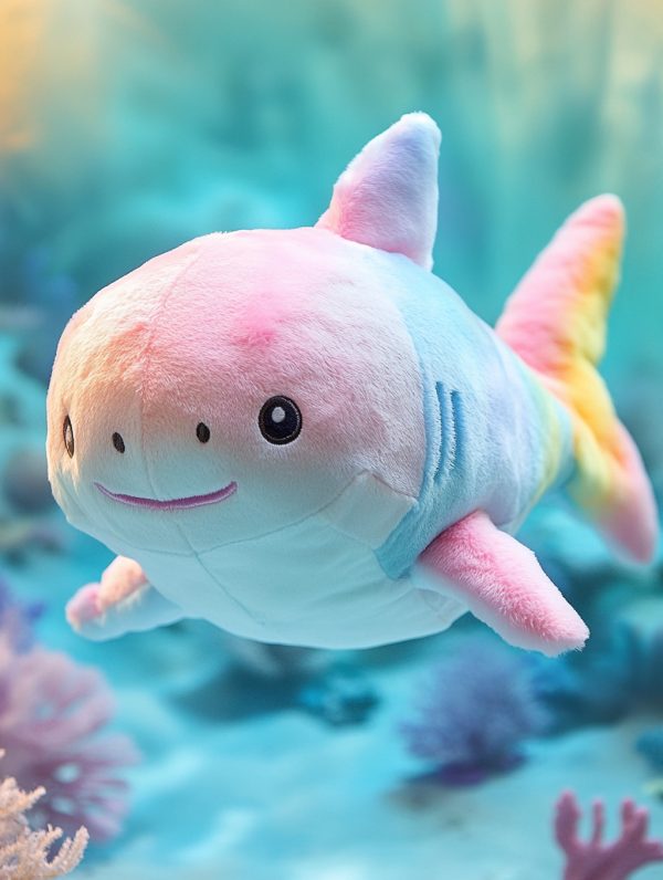 彩虹色可爱长毛绒鲨鱼玩具海洋游泳场景摄影海报midjourney关键词咒语-Ai宇宙吧-