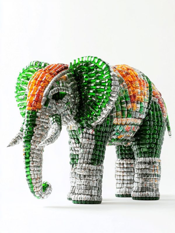 创意啤酒瓶制成的巨型大象雕像立体模型midjourney关键词咒语-Ai宇宙吧-