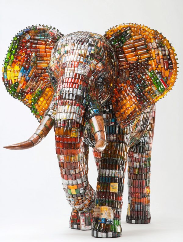 创意啤酒瓶制成的巨型大象雕像立体模型midjourney关键词咒语-Ai宇宙吧-