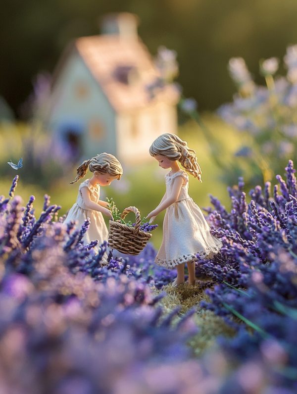 紫色薰衣草花田微型小女孩童话故事场景插图海报midjourney关键词咒语-Ai宇宙吧-