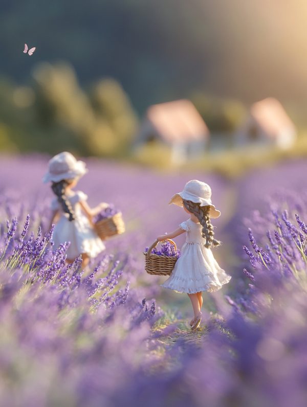 紫色薰衣草花田微型小女孩童话故事场景插图海报midjourney关键词咒语-Ai宇宙吧-