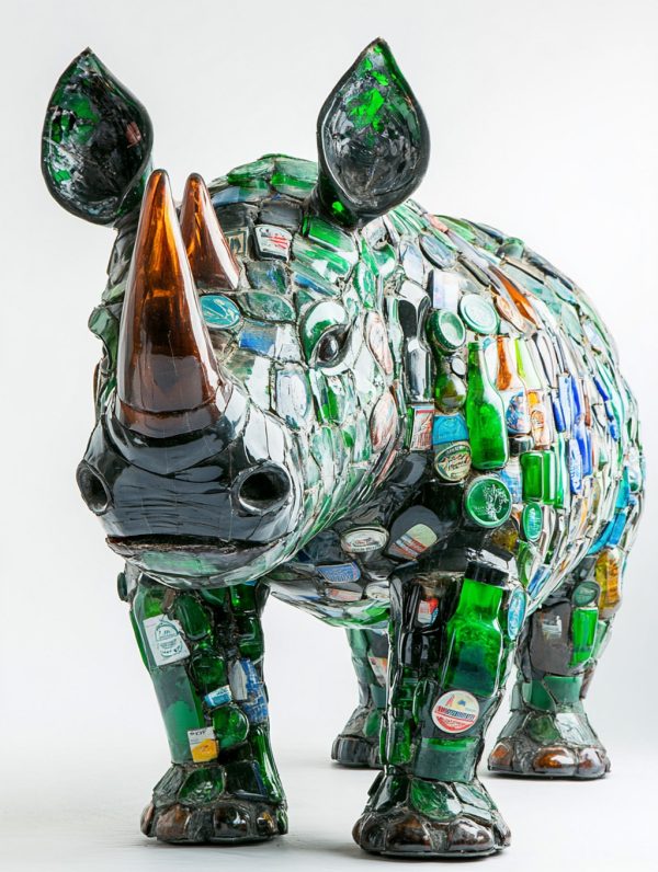 创意玻璃啤酒瓶制成的巨型犀牛立体雕像模型midjourney关键词咒语-Ai宇宙吧-