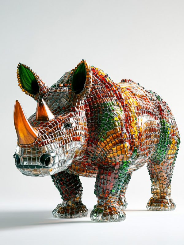 创意玻璃啤酒瓶制成的巨型犀牛立体雕像模型midjourney关键词咒语-Ai宇宙吧-