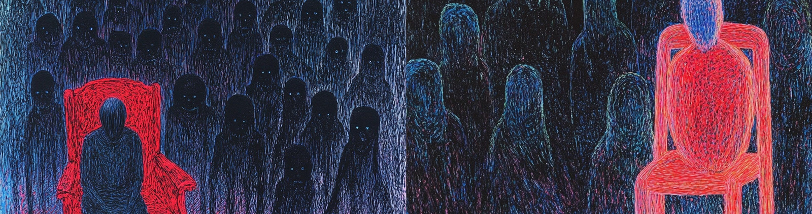 手绘红色椅子人物恐怖元素惊悚场景插图海报midjourney风格种子关键词咒语