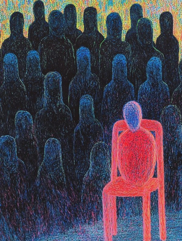 手绘红色椅子人物恐怖元素惊悚场景插图海报midjourney风格种子关键词咒语-Ai宇宙吧-