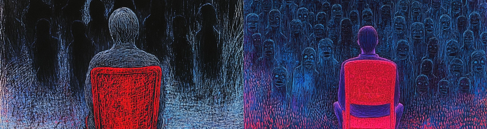 手绘红色椅子人物恐怖元素惊悚场景插图海报midjourney风格种子关键词咒语