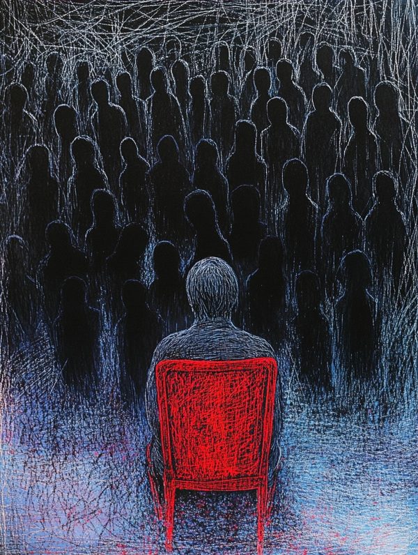 手绘红色椅子人物恐怖元素惊悚场景插图海报midjourney风格种子关键词咒语-Ai宇宙吧-