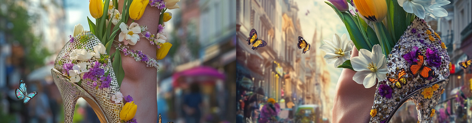 创意美女高跟鞋鲜花合成产品摄影海报midjourney关键词咒语