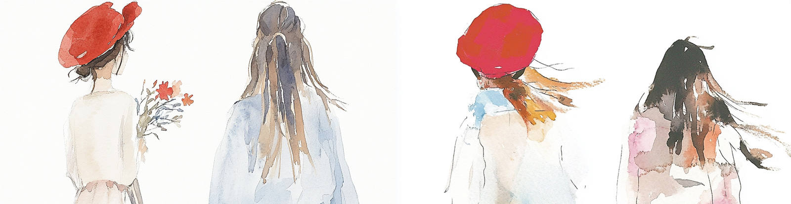 手绘两个女孩人物背影购物袋水彩画插图绘画海报midjourney风格种子关键词咒语