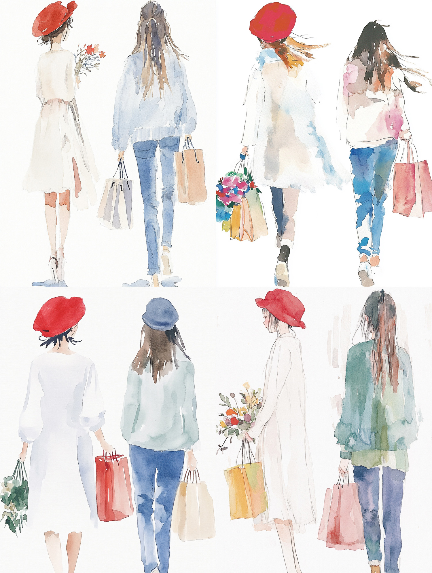 手绘两个女孩人物背影购物袋水彩画插图绘画海报midjourney风格种子关键词咒语