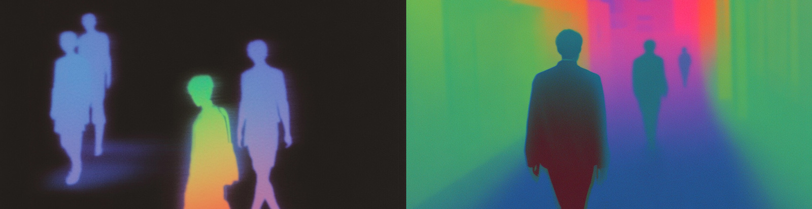 动漫故障怪异风格霓虹灯城市人物漫步背影插图海报midjourney风格种子关键词咒语