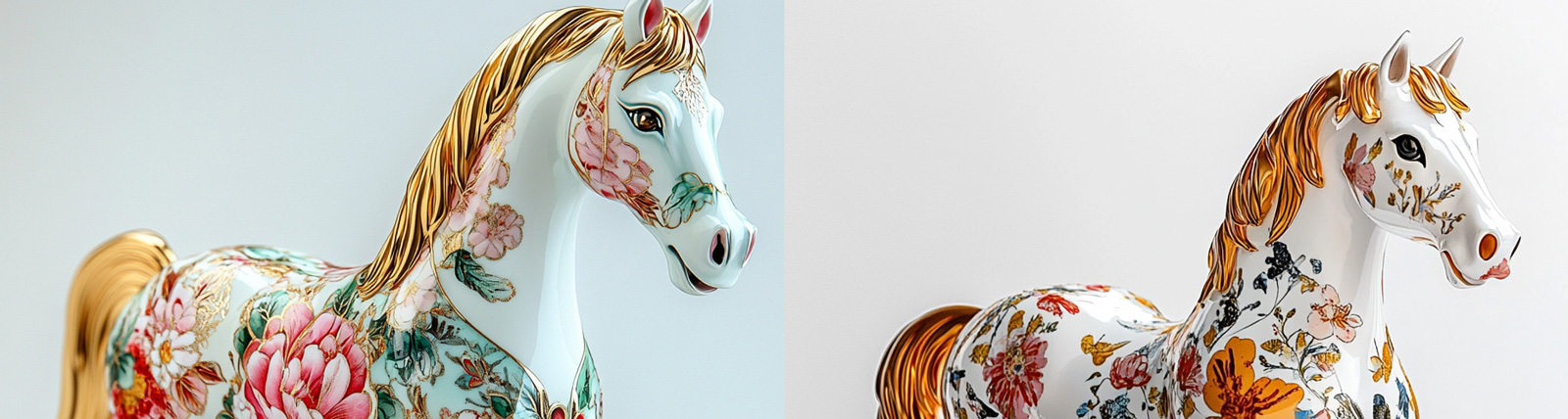 中国风复杂花卉图案金色装饰白色瓷马雕像立体模型midjourney关键词咒语