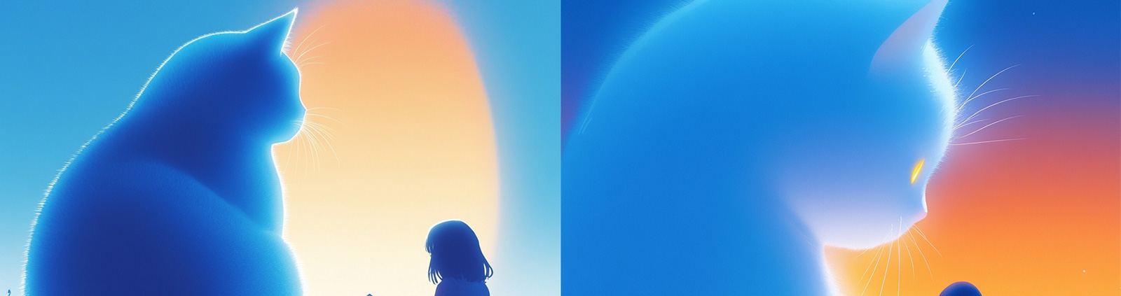 手绘蓝色巨型猫咪可爱女孩温馨场景插图海报midjourney风格种子关键词咒语