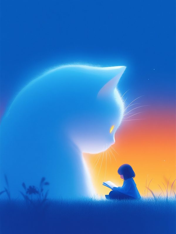 手绘蓝色巨型猫咪可爱女孩温馨场景插图海报midjourney风格种子关键词咒语-Ai宇宙吧-