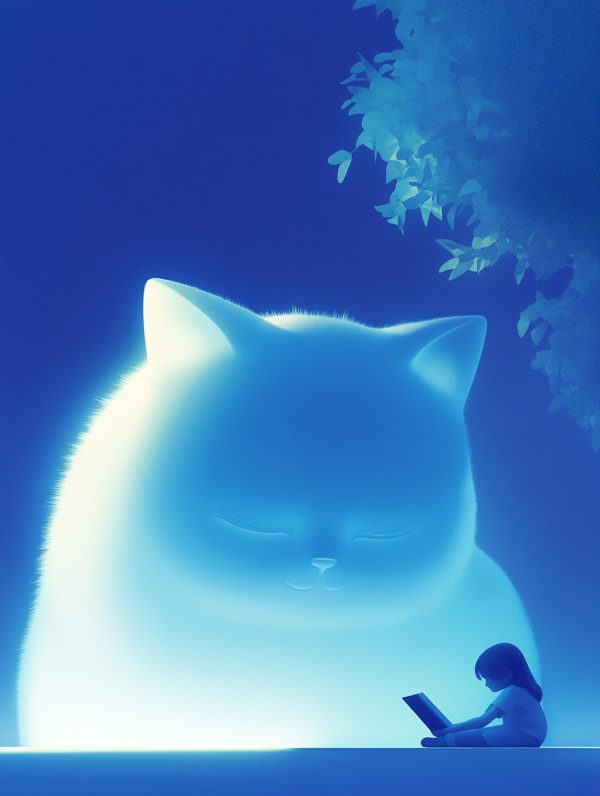 手绘蓝色巨型猫咪可爱女孩温馨场景插图海报midjourney风格种子关键词咒语-Ai宇宙吧-