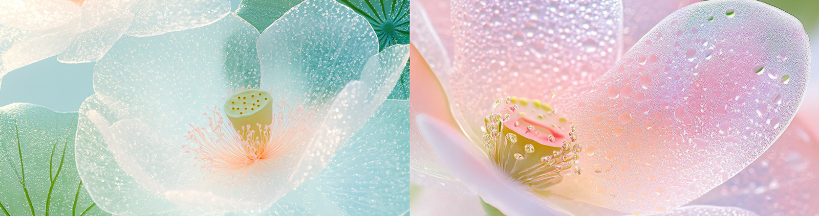 夏季半透明莲花荷叶特写摄影海报midjourney风格种子关键词咒语