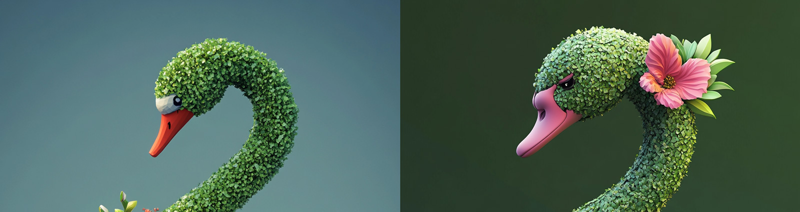 创意立体绿色鲜花植物天鹅形状雕塑模型midjourney关键词咒语