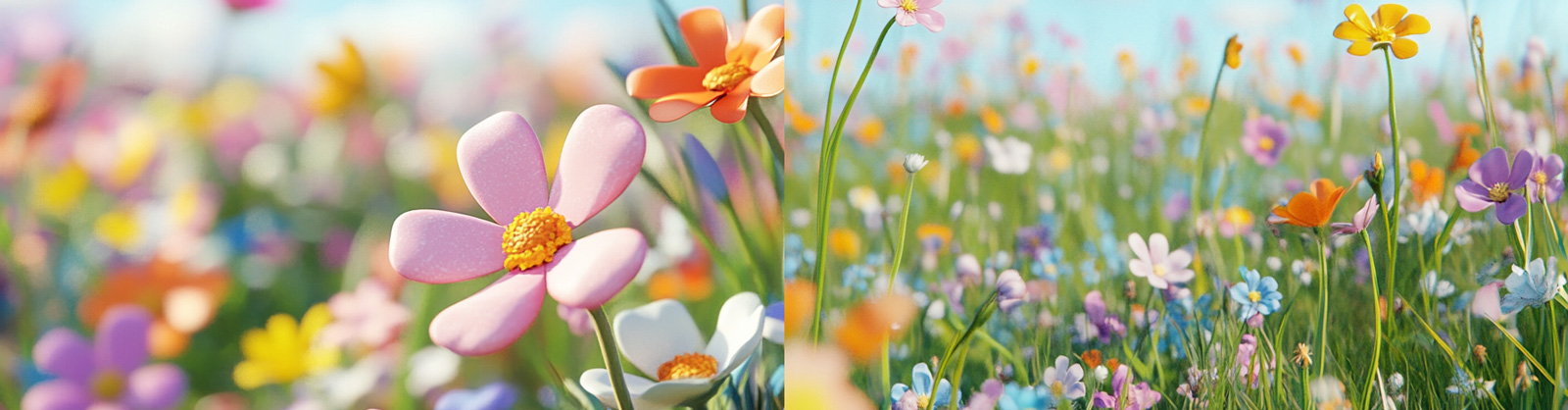 3D立体春天鲜花植物草地草原蓝天白云场景海报midjourney关键词咒语