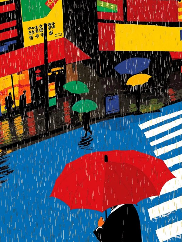 手绘日本街头下雨天撑伞场景插图海报midjourney风格种子关键词咒语-Ai宇宙吧-