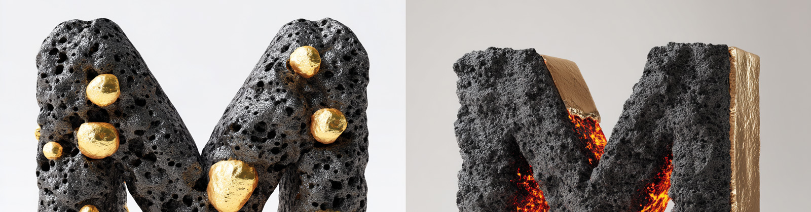 超现实主义火山岩石金属质感字母M设计海报midjourney关键词咒语