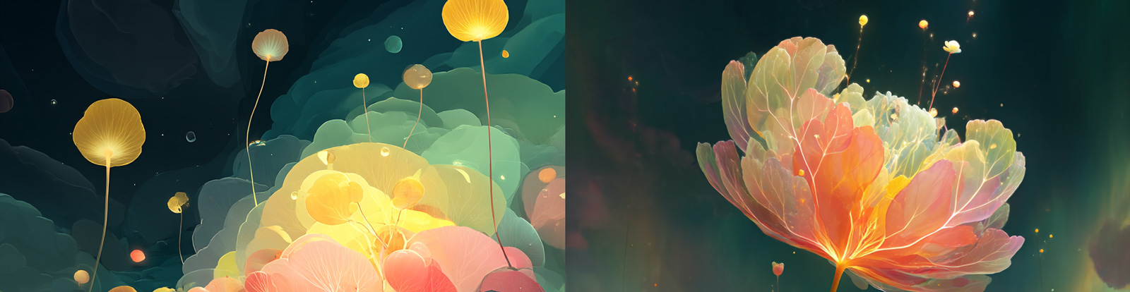 手绘半透明彩虹鲜花绽放植物梦幻场景插图海报midjourney风格种子关键词咒语