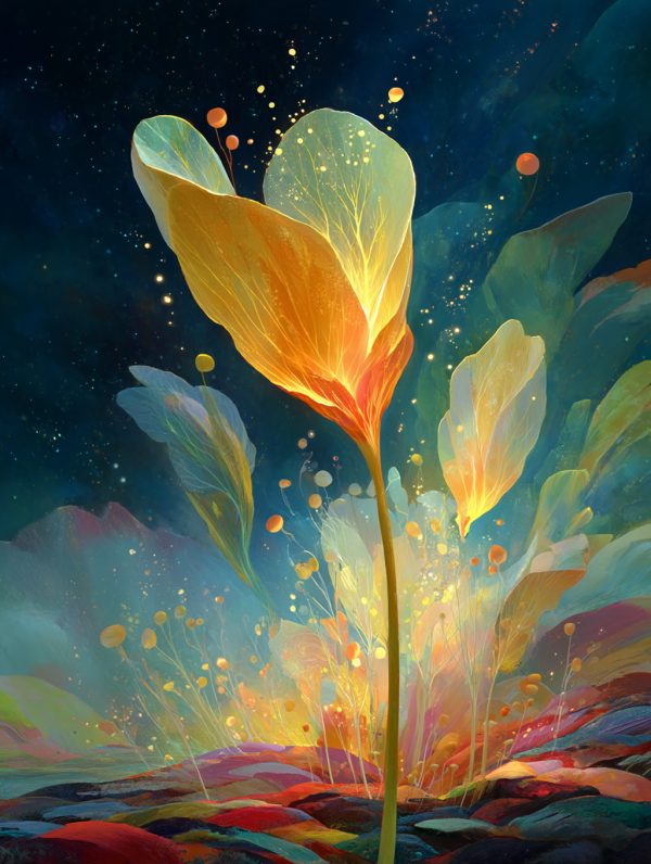 手绘半透明彩虹鲜花绽放植物梦幻场景插图海报midjourney风格种子关键词咒语-Ai宇宙吧-