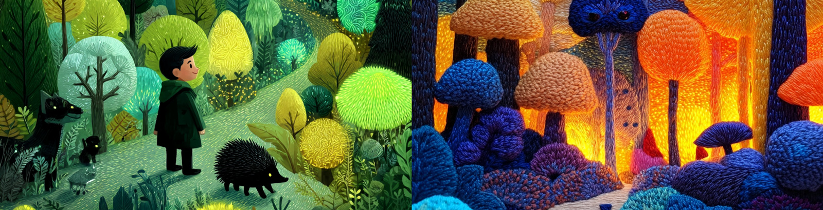 创意闪闪发光宇宙森林男孩刺猬针织毛线手工艺品图案海报midjourney风格种子关键词咒语