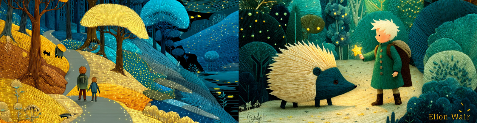 创意闪闪发光男孩刺猬宇宙森林场景针织刺绣手工艺品图案海报midjourney风格种子关键词咒语