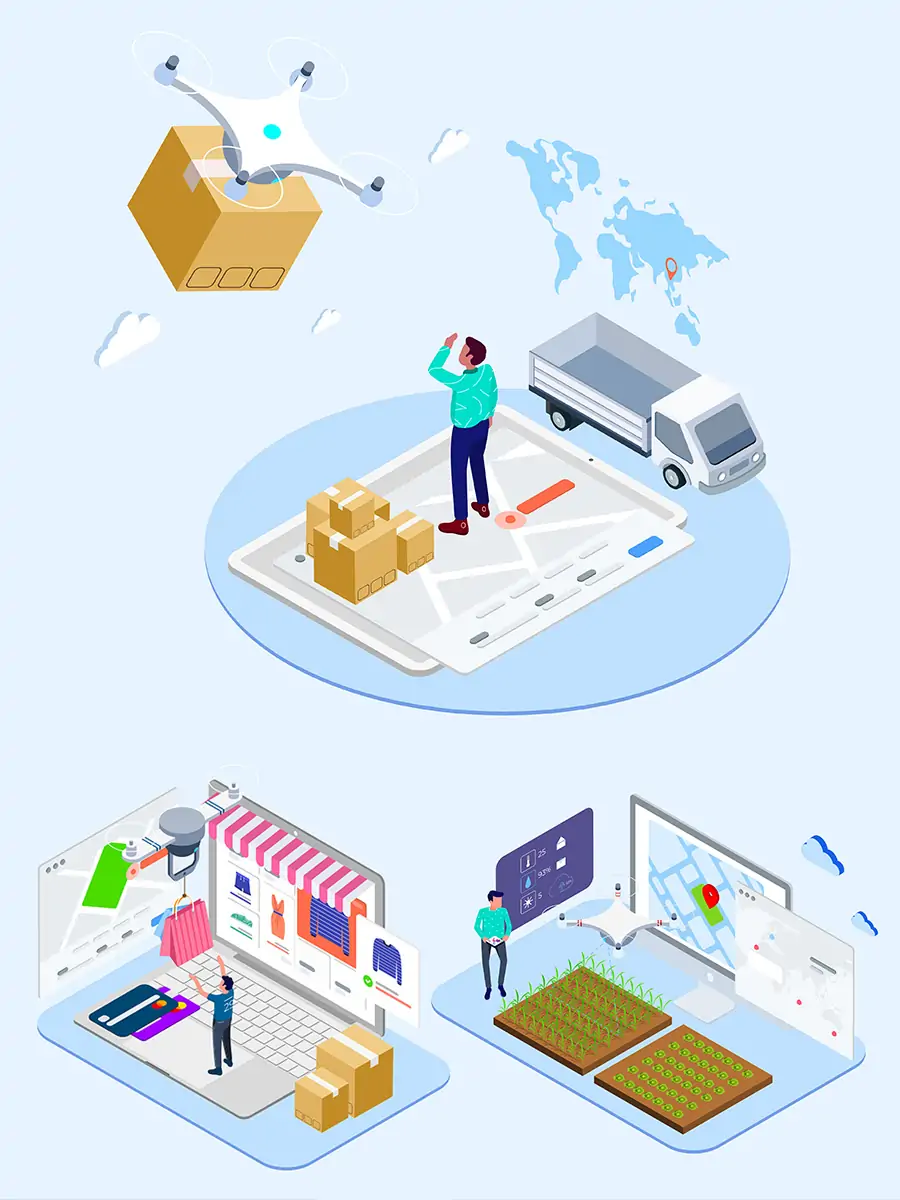 Midjourney - 手绘无人机日常生活应用场景等距插图矢量设计素材模版llustration Illustrations矢量-Ai宇宙吧-