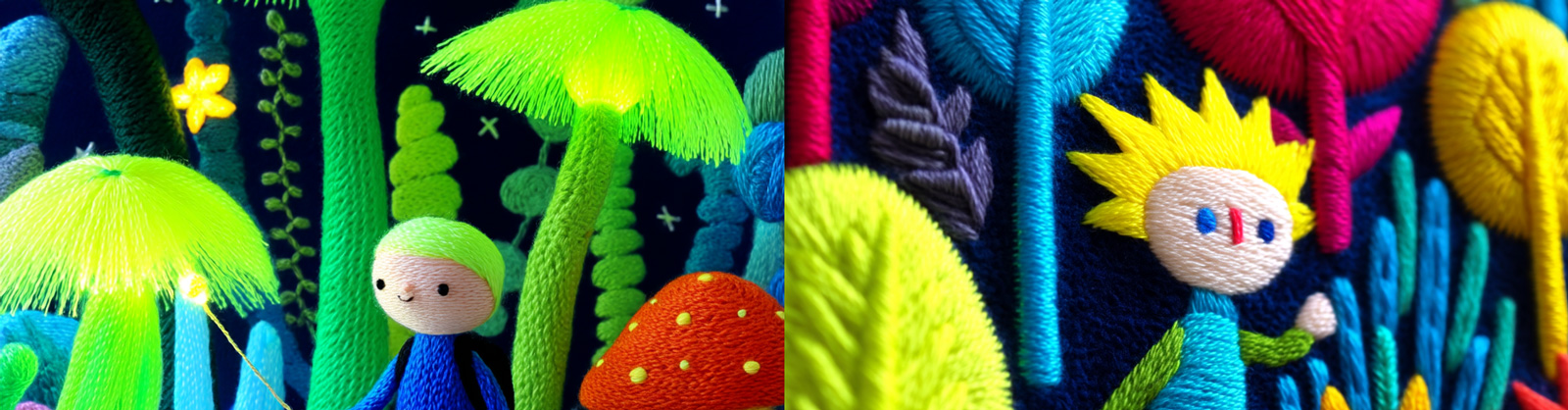 创意闪闪发光宇宙森林男孩刺猬场景针织刺绣毛线儿童读物插图海报midjourney风格种子关键词咒语