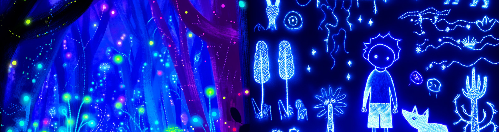 创意闪闪发光宇宙森林男孩动物场景针织刺绣毛线儿童读物插图海报midjourney风格种子关键词咒语