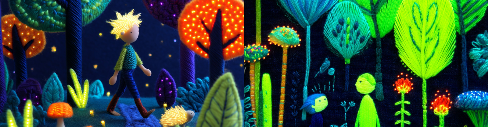 创意闪闪发光宇宙森林男孩刺猬场景针织刺绣毛线儿童读物插图海报midjourney风格种子关键词咒语