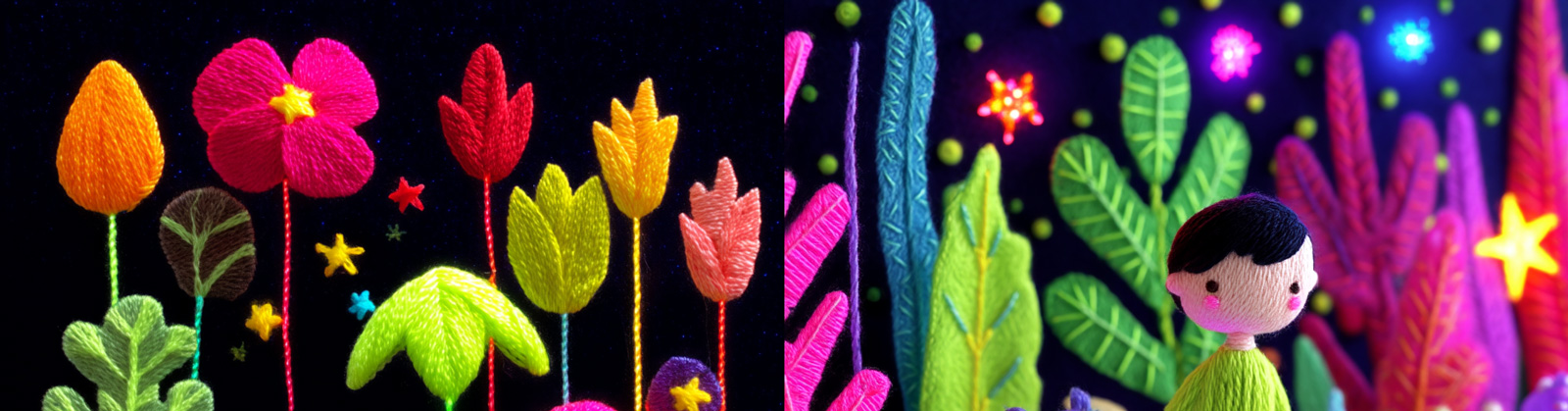 彩色自然森林植物男孩动物场景毛线针织刺绣手工艺品图案插图海报midjourney风格种子关键词咒语