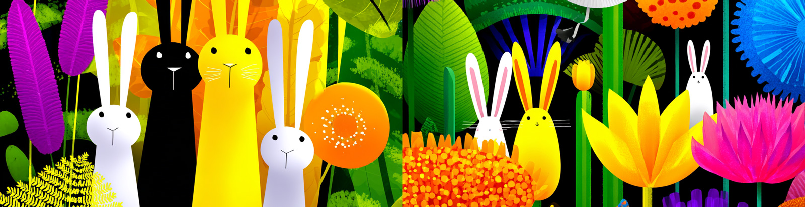 创意手绘彩色花园长耳朵兔子复活节插图海报midjourney风格种子关键词咒语