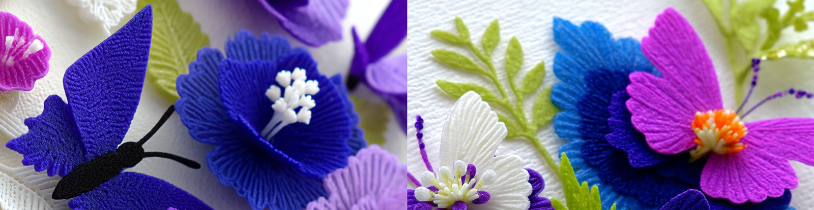 3D立体紫色蝴蝶花卉针织刺绣花纹图案海报midjourney风格种子关键词咒语