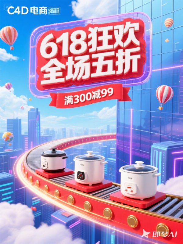 C4D立体风格618狂欢电商促销活动产品广告海报-即梦ai关键词描述咒语-Ai宇宙吧-