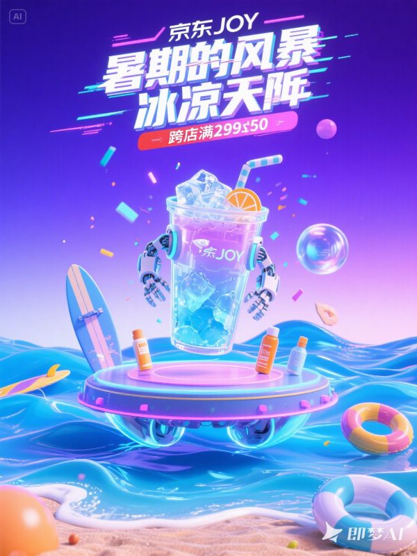 C4D立体风格京东夏季清凉产品电商促销活动广告海报-即梦ai关键词描述咒语-Ai宇宙吧-