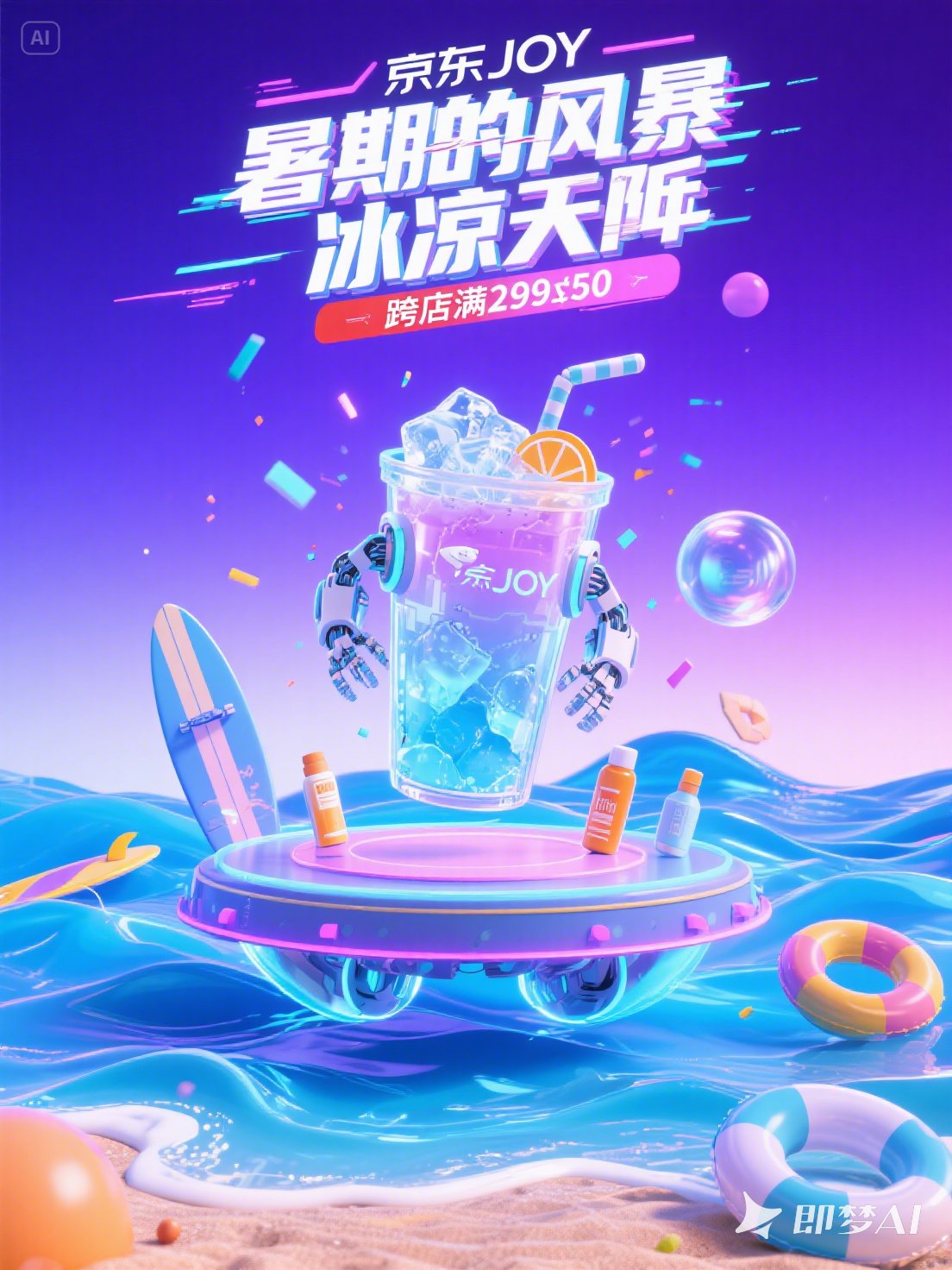 Midjourney - C4D立体风格京东夏季清凉产品电商促销活动广告海报-即梦ai关键词描述咒语 即梦Ai-Ai宇宙吧-