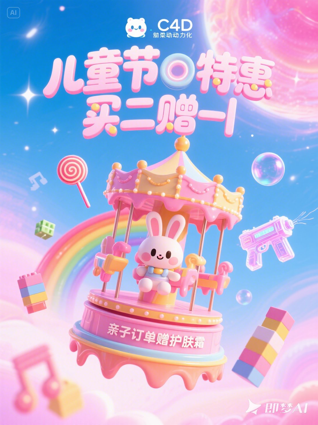 Midjourney - C4D立体风格可爱六一儿童节兔子旋转木马活动海报-即梦ai关键词描述咒语 即梦Ai-Ai宇宙吧-