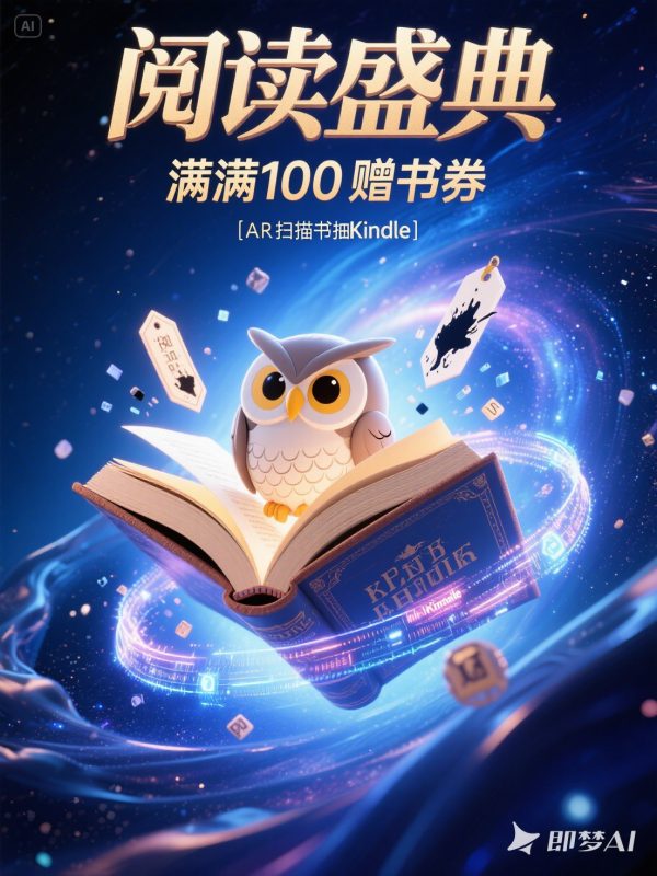 C4D立体风格猫头鹰悬浮魔法书图书阅读促销活动海报-即梦ai关键词描述咒语-Ai宇宙吧-