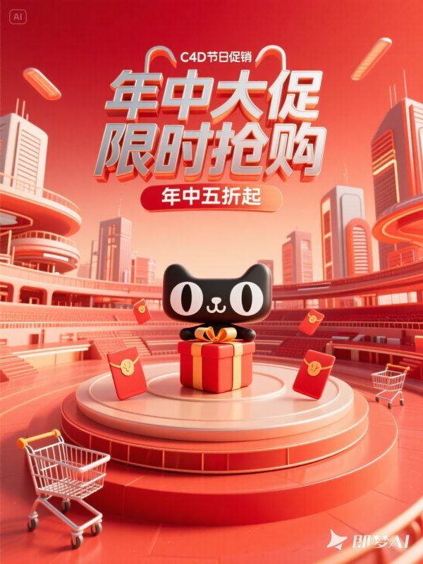 红色C4D立体风格天猫年中促销活动海报-即梦ai关键词描述咒语-Ai宇宙吧-