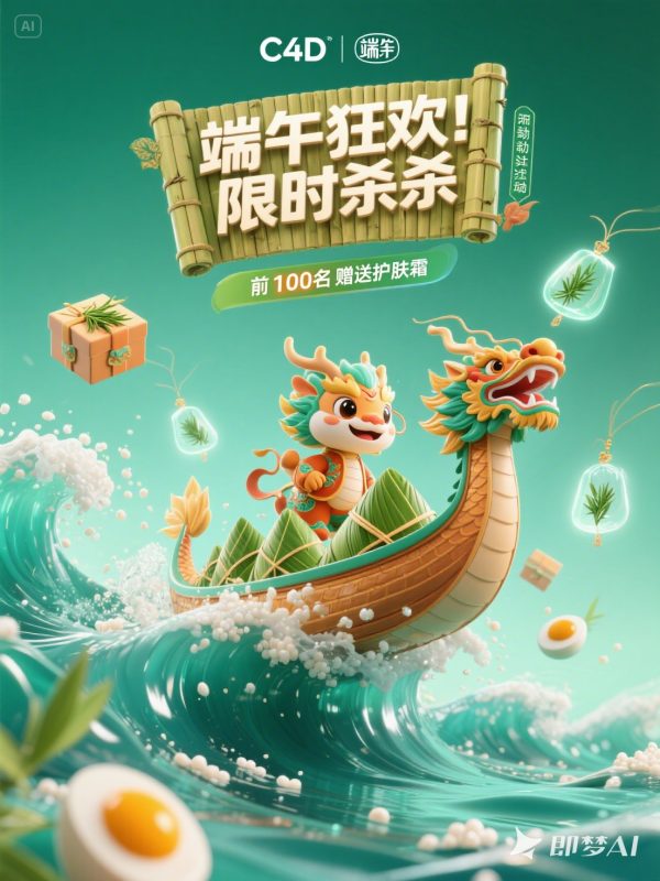 创意端午节赛龙舟C4D立体风格电商促销活动海报-即梦ai关键词描述咒语-Ai宇宙吧-