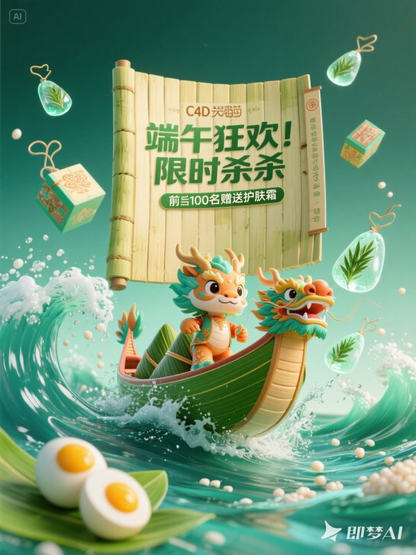 创意端午节赛龙舟C4D立体风格电商促销活动海报-即梦ai关键词描述咒语-Ai宇宙吧-
