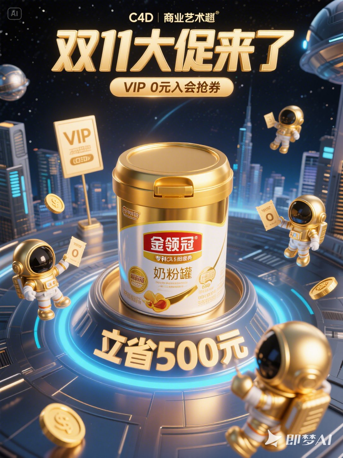 Midjourney - C4D立体风格儿童奶粉电商618产品双11促销活动海报-即梦ai关键词描述咒语 即梦Ai-Ai宇宙吧-